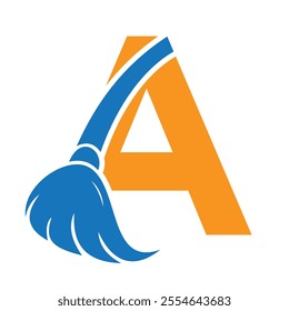 Initial Cleaning Logo On Letter A Combine With Cleaning Brush Symbol Concept For Cleaning Service, Repair and House Maintenance Sign