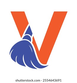 Initial Cleaning Logo On Letter V Combine With Cleaning Brush Symbol Concept For Cleaning Service, Repair and House Maintenance Sign