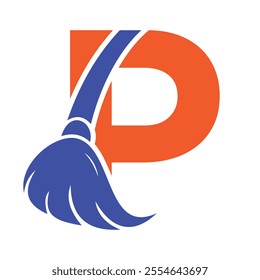 Initial Cleaning Logo On Letter P Combine With Cleaning Brush Symbol Concept For Cleaning Service, Repair and House Maintenance Sign