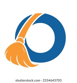 Initial Cleaning Logo On Letter O Combine With Cleaning Brush Symbol Concept For Cleaning Service, Repair and House Maintenance Sign