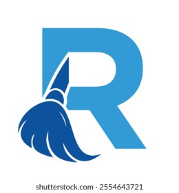 Initial Cleaning Logo On Letter R Combine With Cleaning Brush Symbol Concept For Cleaning Service, Repair and House Maintenance Sign