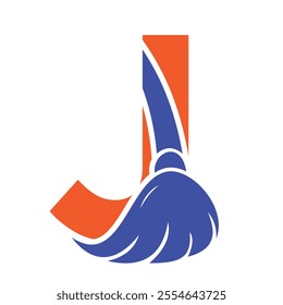 Initial Cleaning Logo On Letter J Combine With Cleaning Brush Symbol Concept For Cleaning Service, Repair and House Maintenance Sign