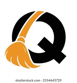 Initial Cleaning Logo On Letter Q Combine With Cleaning Brush Symbol Concept For Cleaning Service, Repair and House Maintenance Sign