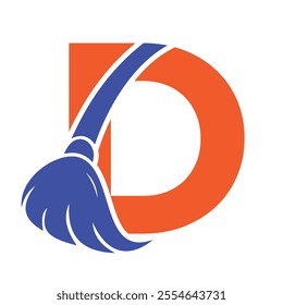 Initial Cleaning Logo On Letter D Combine With Cleaning Brush Symbol Concept For Cleaning Service, Repair and House Maintenance Sign