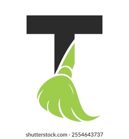 Initial Cleaning Logo On Letter T Combine With Cleaning Brush Symbol Concept For Cleaning Service, Repair and House Maintenance Sign