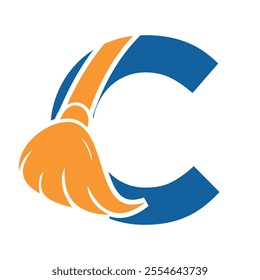 Initial Cleaning Logo On Letter C Combine With Cleaning Brush Symbol Concept For Cleaning Service, Repair and House Maintenance Sign