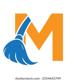 Initial Cleaning Logo On Letter M Combine With Cleaning Brush Symbol Concept For Cleaning Service, Repair and House Maintenance Sign