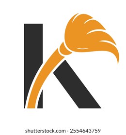 Initial Cleaning Logo On Letter K Combine With Cleaning Brush Symbol Concept For Cleaning Service, Repair and House Maintenance Sign