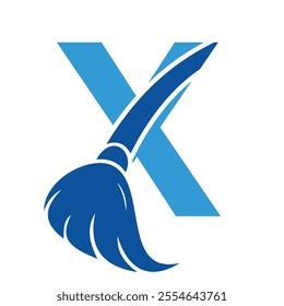 Initial Cleaning Logo On Letter X Combine With Cleaning Brush Symbol Concept For Cleaning Service, Repair and House Maintenance Sign