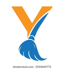 Initial Cleaning Logo On Letter Y Combine With Cleaning Brush Symbol Concept For Cleaning Service, Repair and House Maintenance Sign