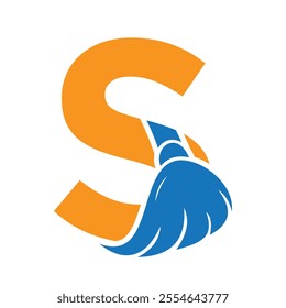 Initial Cleaning Logo On Letter S Combine With Cleaning Brush Symbol Concept For Cleaning Service, Repair and House Maintenance Sign