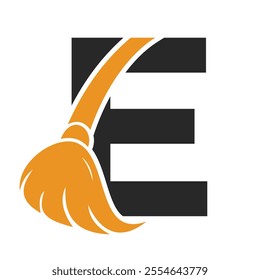 Initial Cleaning Logo On Letter E Combine With Cleaning Brush Symbol Concept For Cleaning Service, Repair and House Maintenance Sign