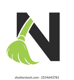 Initial Cleaning Logo On Letter N Combine With Cleaning Brush Symbol Concept For Cleaning Service, Repair and House Maintenance Sign