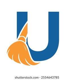 Initial Cleaning Logo On Letter U Combine With Cleaning Brush Symbol Concept For Cleaning Service, Repair and House Maintenance Sign