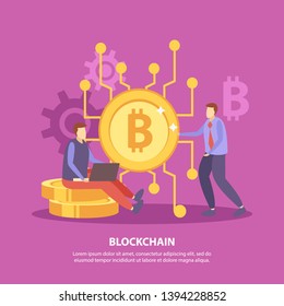 Initial coin offering flat pink background poster with ico bitcoin blockchain crypto currency fundraising symbols vector illustration