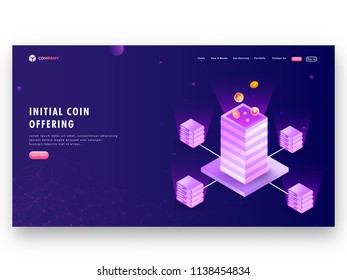 Página de inicio basada en el concepto de oferta de moneda inicial (ICO) con ilustración isométrica de servidores criptográficos en fondo azul.