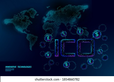 Initial coin offering ICO letters technology concept. Business finance economy World map. Currency crypto international banking online offer. Internet commerce block chain vector illustration