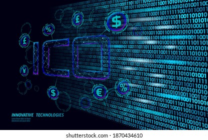 Initial coin offering ICO letters technology concept. Business finance economy low poly design style. Currency crypto banking online offer. Internet commerce block chain vector illustration
