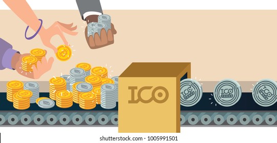 Initial Coin Offering, ICO Token Production Process Vector Illustration. Token Sales In Exchange For Bitcoin, Ethereum. Hands With Bitcoin And Ethereum. IT Startup Crowdfunding. 