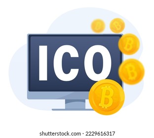 Initial coin offering, ICO Token production process vector illustration. Cryptocurrency trading desk, bitcoin futures, financial technology, blockchain ICO abstract metaphor.