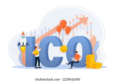 Initial coin offering, ICO Token production process vector illustration. Cryptocurrency trading desk, bitcoin futures, financial technology, blockchain ICO abstract metaphor.