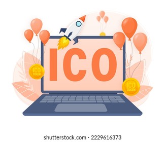 Oferta inicial de moneda, ICO Token producción ilustración vectorial de proceso de producción. Cryptocurrency trade desk, bitcoin futures, tecnología financiera, blockchain ICO metáfora abstracta.
