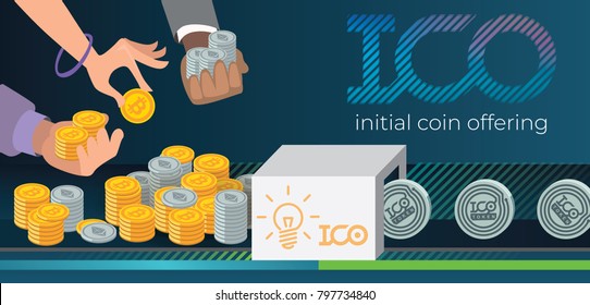 Initial Coin Offering, ICO Token Production Process Vector Illustration. Token Sales In Exchange For Bitcoin, Ethereum. Hands With Bitcoin And Ethereum. IT Startup Crowdfunding. Blockchain Technology.