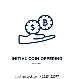 icono de oferta de moneda inicial de la colección general. Oferta de monedas inicial lineal delgada, mercado, icono de esquema de monedas aislado en fondo blanco. Signo de oferta de moneda inicial de vector de línea, símbolo para web 
