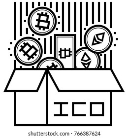 initial coin offering icon. ICO linear concept. Cryptocurrency crowdfunding investment vector line illustration. Including bitcoin, bitcoin cash and ethereum tokens. 