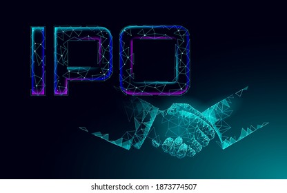 Initial coin offering IPO handshake technology concept. Business finance economy low poly design style. Stock market launch banking public offer shares. Internet commerce trade vector illustration