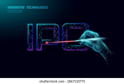 Initialmünze mit IPO Buchstaben Technologie Konzept. Business Finance Economy Low-Poly-Design-Stil. Börseneinführung öffentlich zugänglicher Anleiheaktien. Internet-Handel, Vektorgrafik