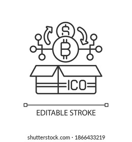 Initial coin offering linear icon. Type of funding using cryptocurrencies. Form of offering. Thin line customizable illustration. Contour symbol. Vector isolated outline drawing. Editable stroke