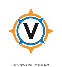 Initial compass  Logo combine with letter V vector template