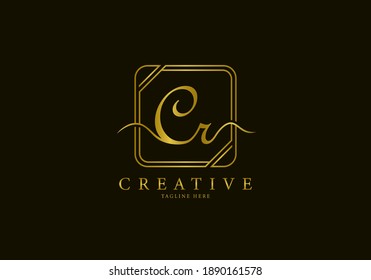 Initial CR Letter Golden Square Signature, Luxury Logo.