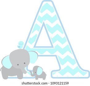 initial a with cute elephant and little baby elephant isolated on white. can be used for father's day card, baby boy birth announcements, nursery decoration, party theme or birthday invitation