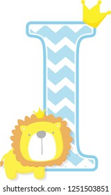 initial i with cute little lion king with golden crown isolated on white background. can be used for father's day card, baby boy birth announcements, nursery decoration, party theme or invitation