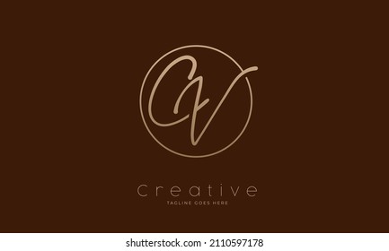 Initial CV Logo. hand drawn letter CV in circle with gold colour. usable for business. personal and company logos. vector illustration