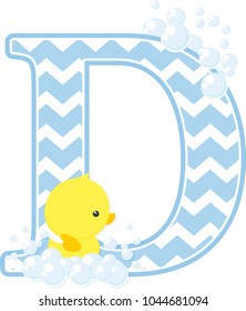 initial d with bubbles and little baby rubber duck isolated on white background. can be used for baby boy birth announcements, nursery decoration, party theme or birthday invitation