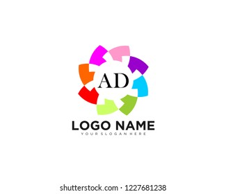initial A & D business logo vector concept illustration. Colored ring with abstract shapes. Positive geometric sign in optimism style. Design element