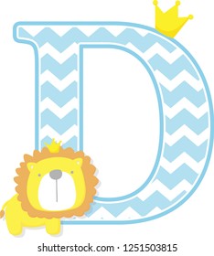 initial d with cute little lion king with golden crown isolated on white background. can be used for father's day card, baby boy birth announcements, nursery decoration, party theme or invitation
