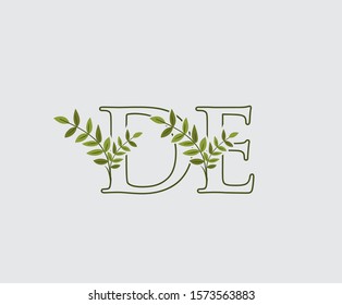 Initial  D, E and DE Nature Floral Logo Icon, Green Leaf Letter Design.