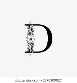 Initial D floral alphabet logo. Black floral alphabet, botanical monogram vector letters with black line art flowers, leaves and thorns.