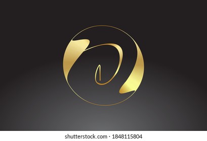 Initial D handwritten letter logo with golden elegant design and golden wave circle. Shiny metal creative vector illustration with letter D.