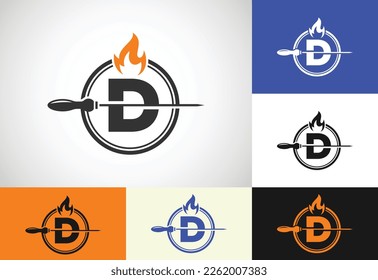 Initial D letter alphabet with a skewer and fire flame. Logo design for Barbecue, Seekh Kebab, etc.