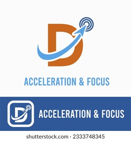 Letra D inicial con flecha hacia arriba y foco para aceleración, aceleración, idea de logotipo de compañía tecnológica