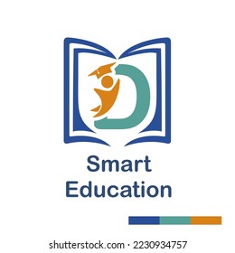 Initial D Letter with book and student symbol character for school, education, trainer center business logo template vector