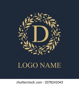 Initial D Letter in Circle Leaves Wreath Frame for Cosmetic, Make up, Fashion, Hotel, Resto, Resort, Real Estate, Apartment Business Logo Vector Template