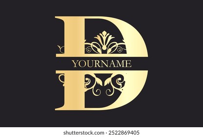 Initial D letter  floral Split Letter Monogram,luxury Wedding invitation Monogram Design,gold color on black background