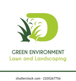Letra D inicial con gramíneas verdes para césped paisajismo entorno vegetación vegetación vegetación Hogar Servicio de gestión de cuidados Idea vectorial del logotipo empresarial