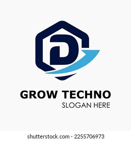 Initial D Letter in Hexagon Shape with Growth Arrow Upward Logo Idea Template